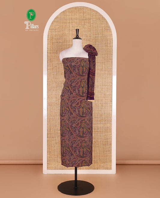 Purple Italian crepe material chudidar set, paisley printed top, plain bottom, and floral-paisley printed georgrette dupatta