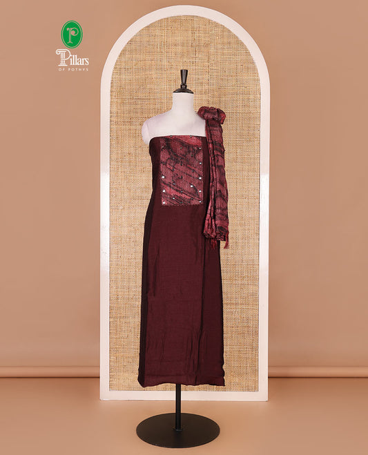 Magenta material chudidar set, abstract printed with mirrorwork vichitra silk top, santoon bottom, and abstract printed shimmer georgette dupatta