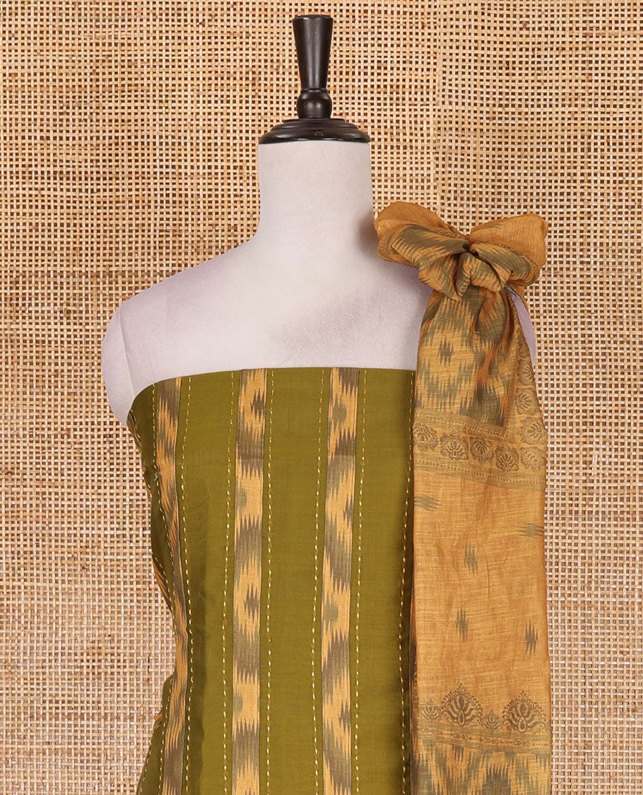 Mehendi green Vertican silk material chudidar set, vertical ikkat stripes, and kantha work top, contrast plain slub cotton bottom, and linen contrast ikkat printed zari border dupatta