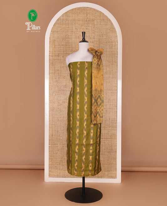 Mehendi green Vertican silk material chudidar set, vertical ikkat stripes, and kantha work top, contrast plain slub cotton bottom, and linen contrast ikkat printed zari border dupatta