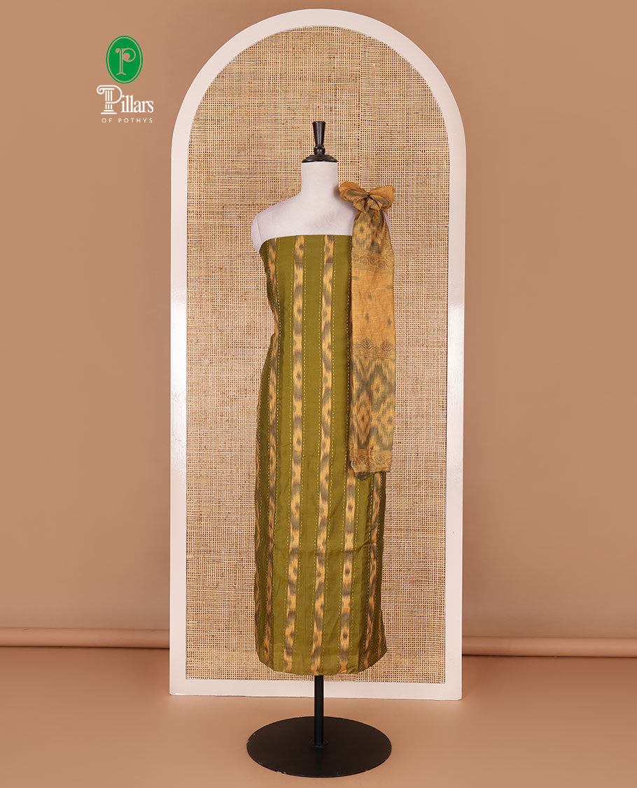 Mehendi green Vertican silk material chudidar set, vertical ikkat stripes, and kantha work top, contrast plain slub cotton bottom, and linen contrast ikkat printed zari border dupatta