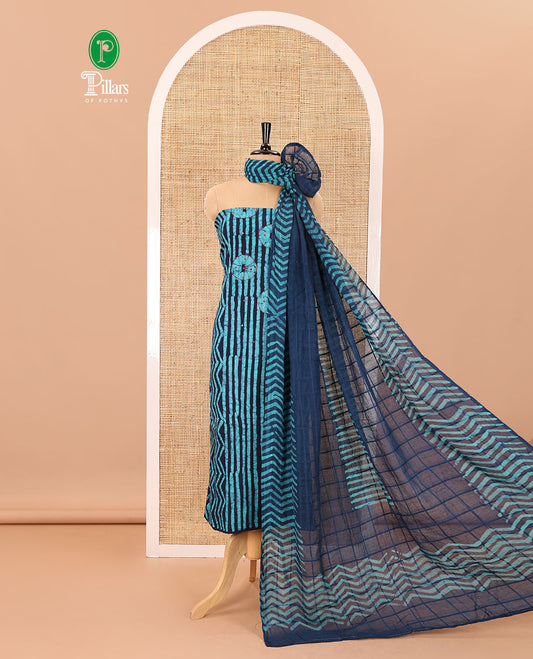 Ink blue material chudidar set, batik print, mirror work and kantha work cotton top, cotton bottom, and batik printed dupatta