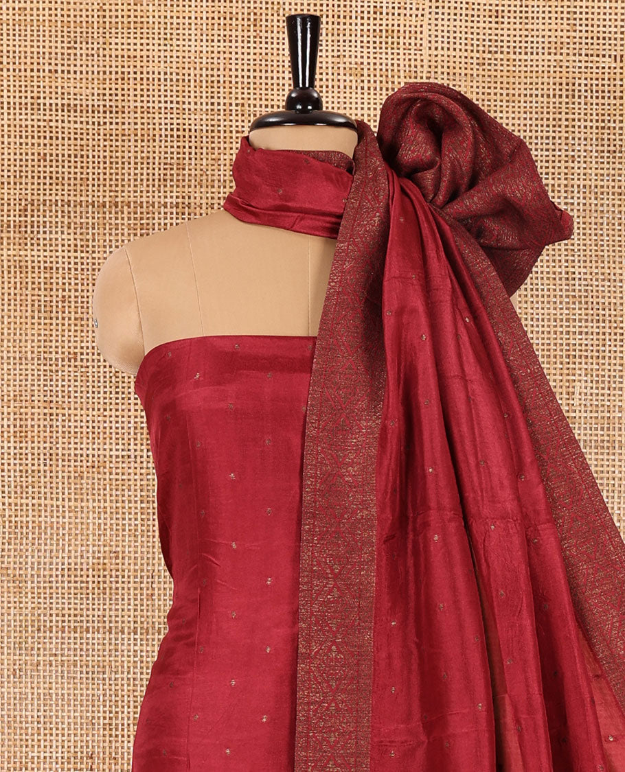 Pink material chudidar set, copper zari buttas and jaal design semi-modal silk top, plain santoon bottom, and zari design woven semi-modal silk dupatta