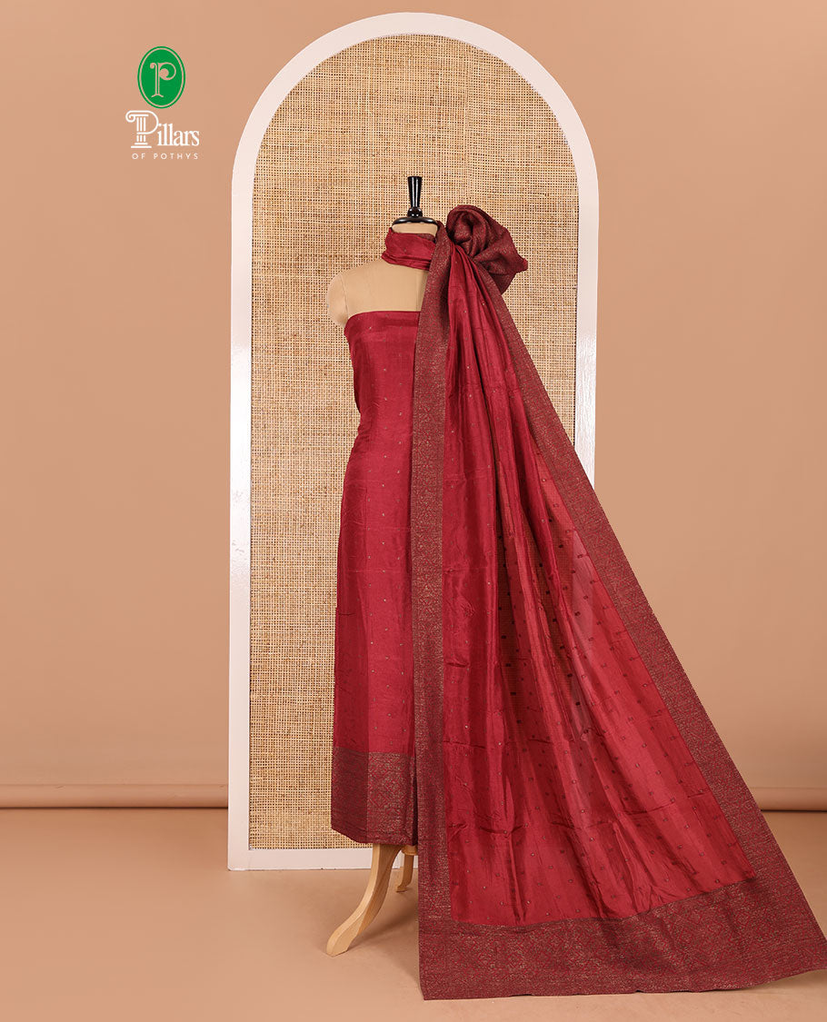 Pink material chudidar set, copper zari buttas and jaal design semi-modal silk top, plain santoon bottom, and zari design woven semi-modal silk dupatta