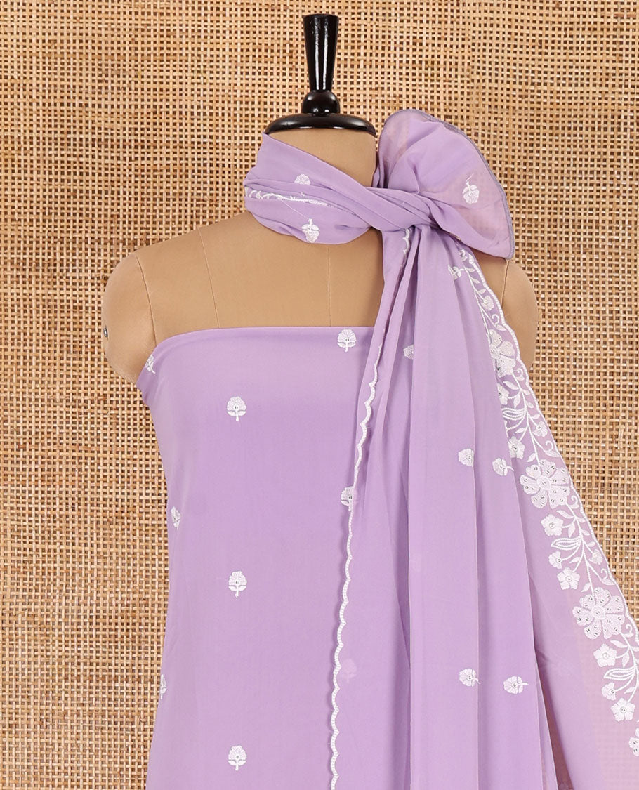 Lavender material chudidar set, floral thread embroidered georgette top, plain bottom, and floral motifs embroidered scallop georgette dupatta