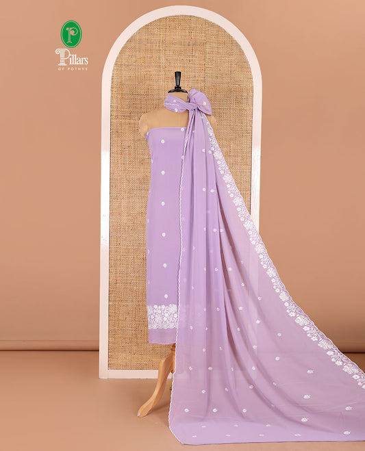 Lavender material chudidar set, floral thread embroidered georgette top, plain bottom, and floral motifs embroidered scallop georgette dupatta
