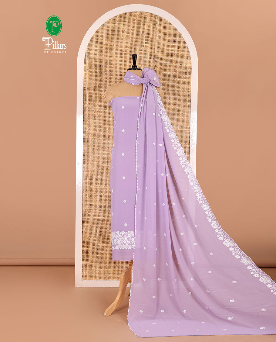 Lavender material chudidar set, floral thread embroidered georgette top, plain bottom, and floral motifs embroidered scallop georgette dupatta