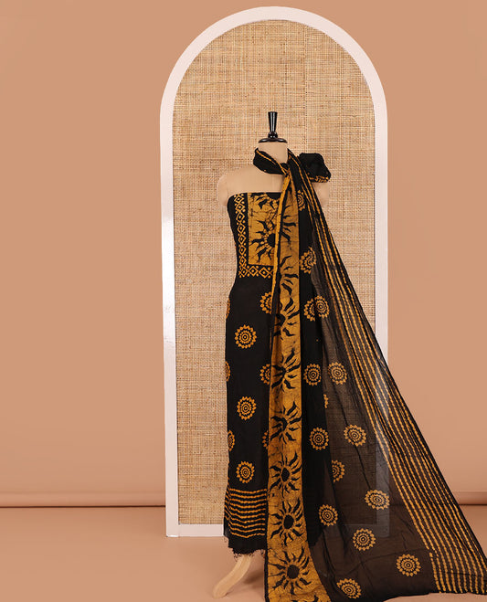 Black and mustard material chudidar set, sun brust and chakra motifs hand block printed Viscose georgette top, contrast bottom, and hand block printed viscose georgette dupatta