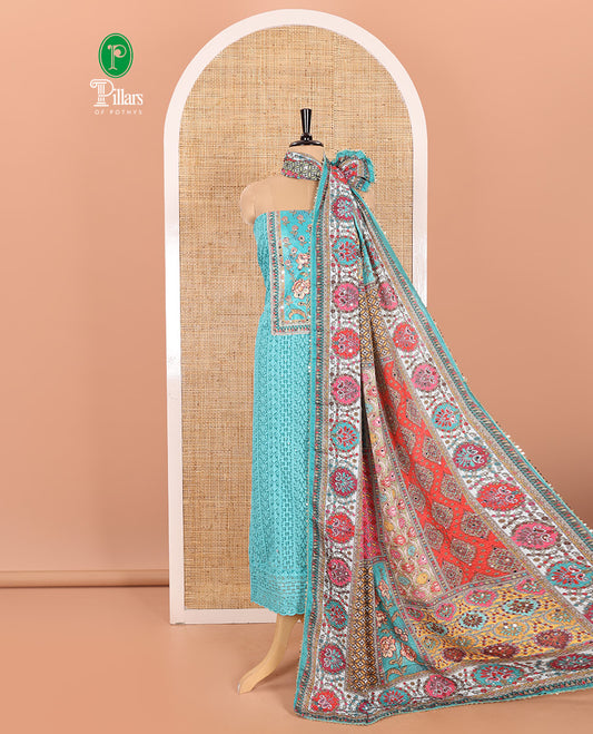 Rama Green Material Chudidar Set Adorned with Schiffli Embroidery Georgette Top, Subtly Made Plain American Crepe Bottom, and Chinon Dupatta Featuring Kaleidoscopic-Colored Floral, Geometric, and Mughal Motifs Print and Mirror Work