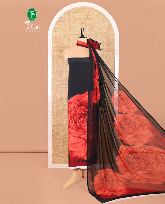 Black Material Chudidar Set, Beautifully Printed with Elegant Rose-Theme Abstract Print on Its Italian Crepe Top, Subtly Made Italian Crepe Bottom, and Georgette Dupatta of Rose Print