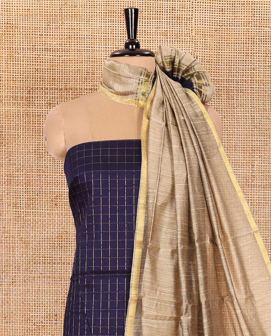 Blue Material Chudidar Set, Subtly Sparkled with Zari Checks All Over Its Semi-Silk Top, Comes with a Subtle Plain Bottom, and a Contrast Semi-Silk Dupatta of Zari Border and Tassels