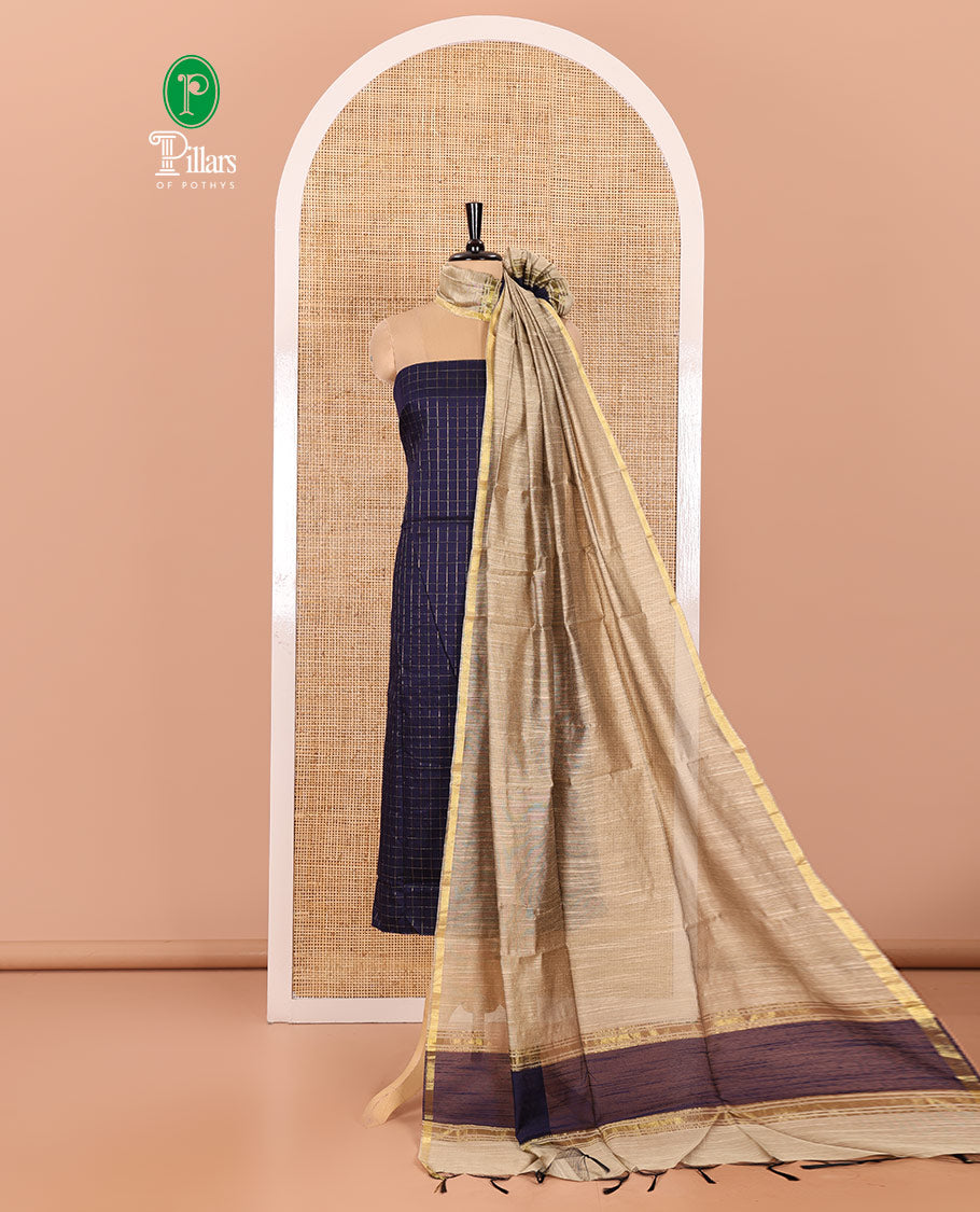 Blue Material Chudidar Set, Subtly Sparkled with Zari Checks All Over Its Semi-Silk Top, Comes with a Subtle Plain Bottom, and a Contrast Semi-Silk Dupatta of Zari Border and Tassels