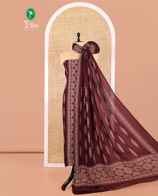 Dark Maroon Rayon Material Chudidhar Set, Elevated with Ajrakh-Style Floral Printed Top, Elegantly Printed Bottom, and Rayon Dupatta of Ajrakh-Style Floral and Tree Motifs Print