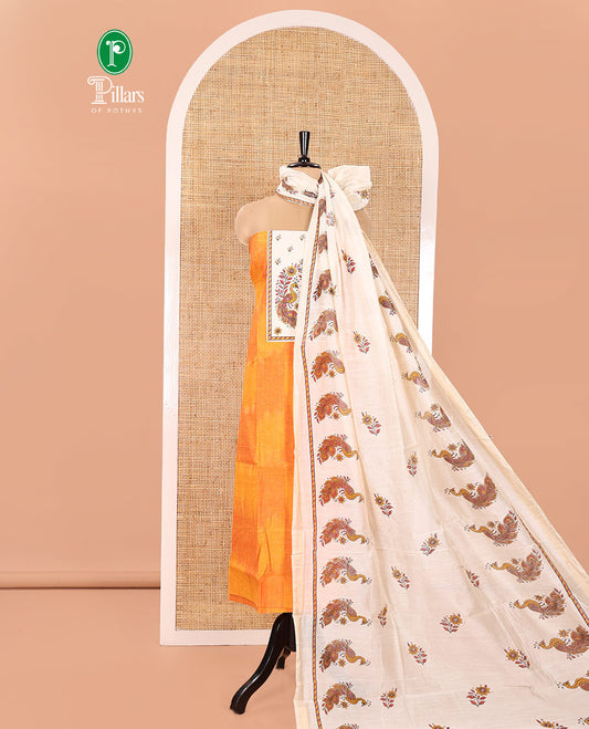 Orange Material Chudidhar Set, Adorned with Ikkat Weave and Neck Peacock Patchwork Handloom Cotton Top, Cotton Plain Bottom, and Contrast Chanderi Silk Peacock Printed Dupatta