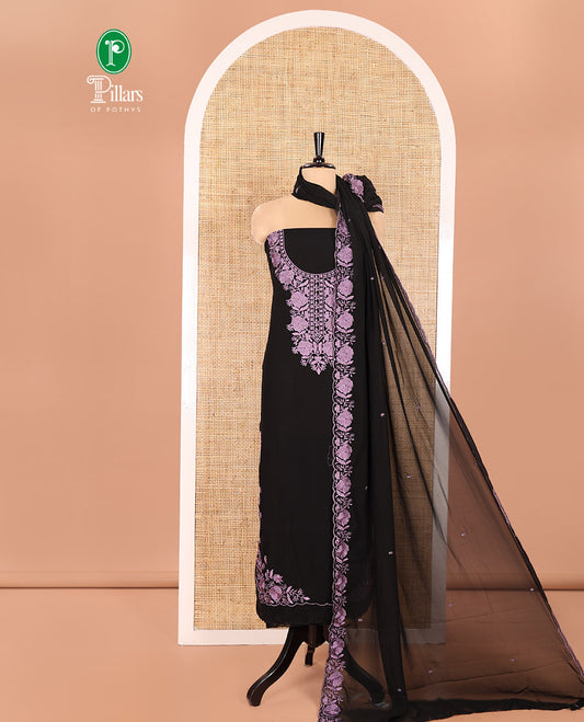 Black and Lavender Material Chudidhar Set, Elevated with Floral Thread Embroidered Fox Georgette Top, Plain Santoon Bottom, and Fox Georgette Scallop Dupatta with Floral Thread Embroidery