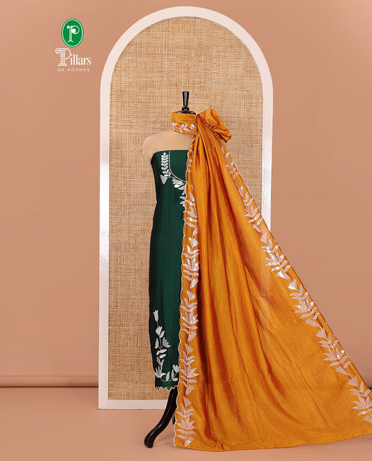 Bottle Green Material Churidar Set, Detailed with Floral Motifs Sequins-Thread Embroidered on Its Vichitra Silk Top, Comes with a Contrast Santoon Bottom, and Paired with a Vichitra Silk Floral Embroidered Scallop Dupatta