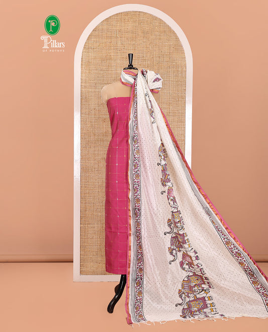 Pink Material Churidar Set, Elevated with Zari Checked Semi-Silk Top, Comes with a Contrast Plain Soft Cotton Bottom, and a Contrast Semi-Silk Dupatta, Pictures a Herd of Elephants