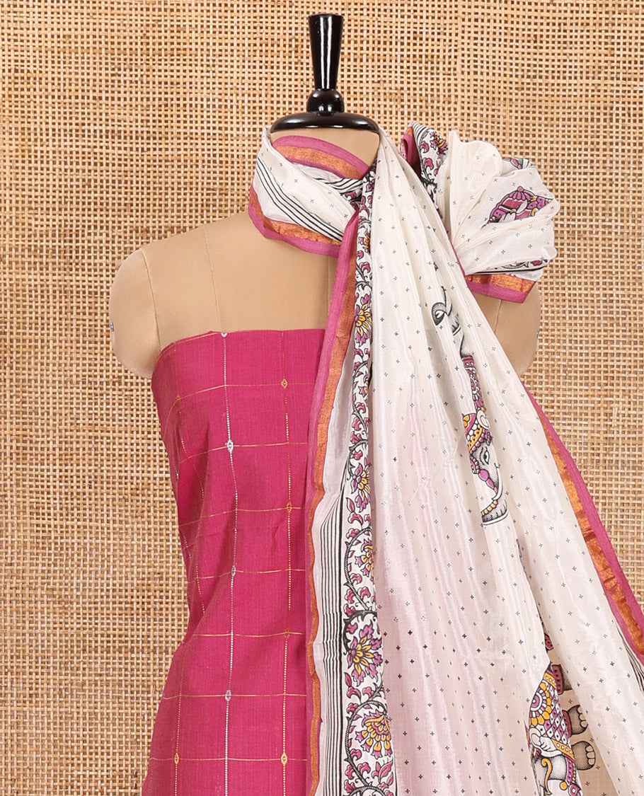 Pink Material Churidar Set, Elevated with Zari Checked Semi-Silk Top, Comes with a Contrast Plain Soft Cotton Bottom, and a Contrast Semi-Silk Dupatta, Pictures a Herd of Elephants