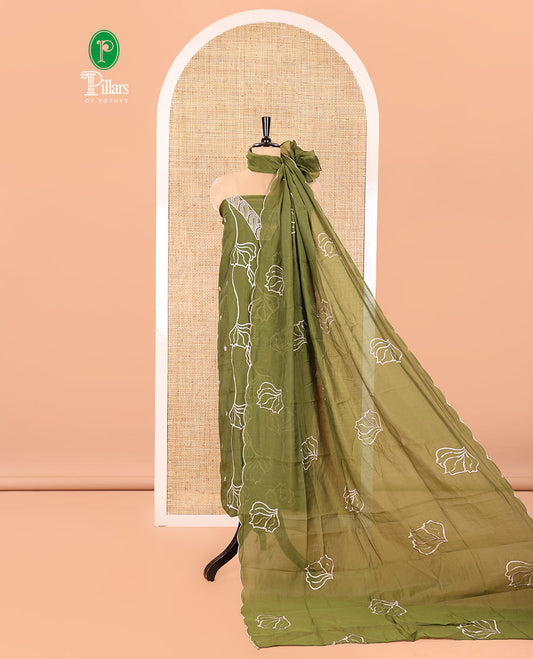 Green Mul Chanderi Material Churidar Set, Decked Up with Flower Embroidery and Sequins Work V-Neck Top, a Plain Santoon Bottom, and Paired with a Mul Chanderi Floral Embroidered Dupatta