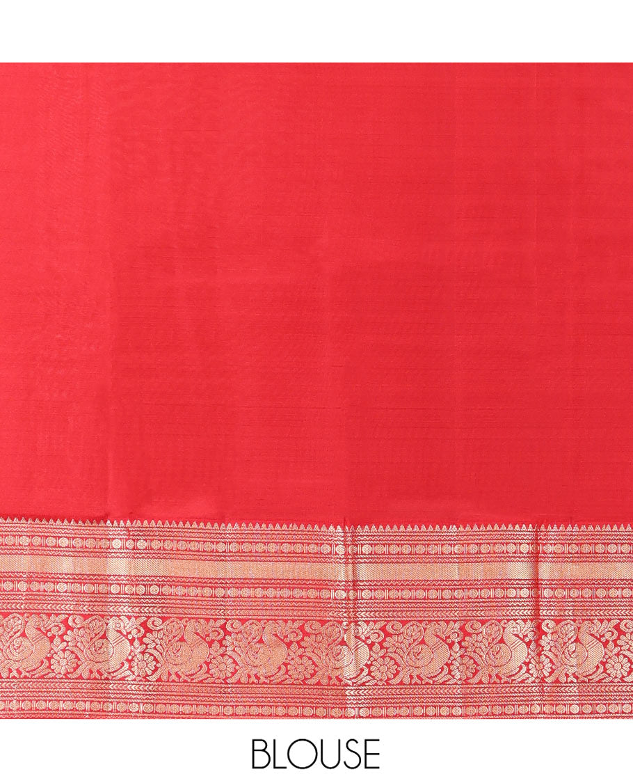Orange Vasundhara Silk Saree Decked Up with Checks All Over Its Body, Complemented by Contrast Border of Rekku, Neli, Rudraksham, Kathir, and Mayil Designs, a Grand Pallu of Intricate Designs, and Paired with a Contrast Blouse