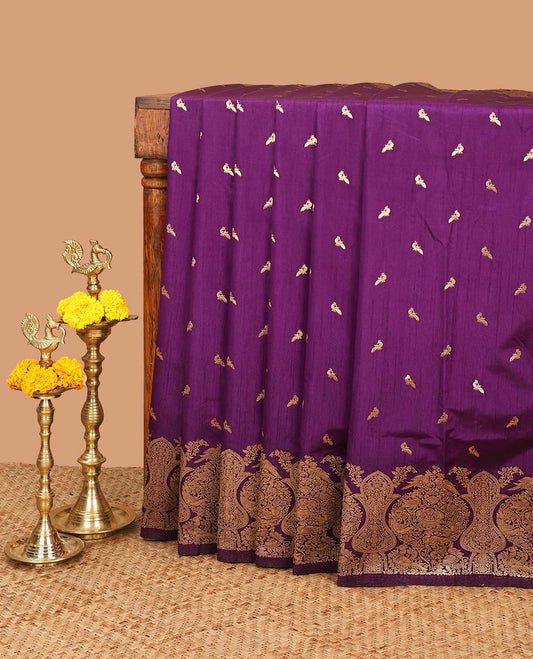 Purple zari peacock butta dola raw silk saree with kancheepuram zari border with geometrical zari pallu along with plain blouse