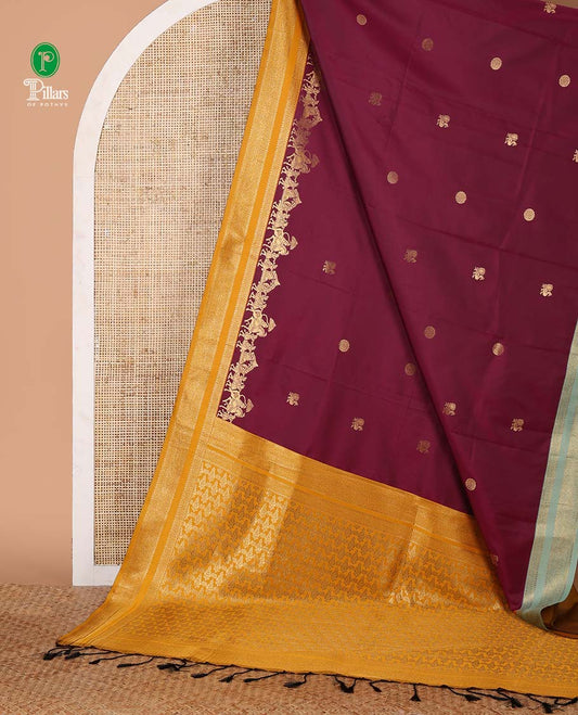 Purple mayil chakra & wedding-themed motifs semi-soft silksaree,contrast ganga jamuna rettai pettu traditional border & grand pallu