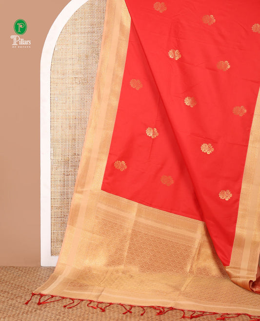 Red zari buttas semi-soft silk saree, contrast rettai pettu traditional zari border & grand ogee patterned pallu