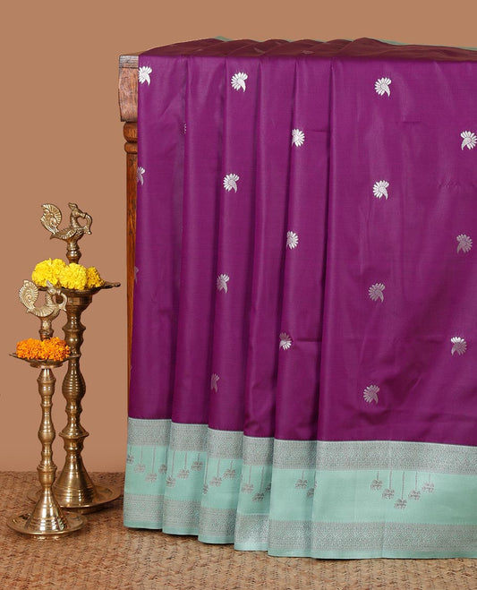 Purple floral zari buttas semi-soft silk saree, contrast traditional motif zari border & pallu of paisleys & checks