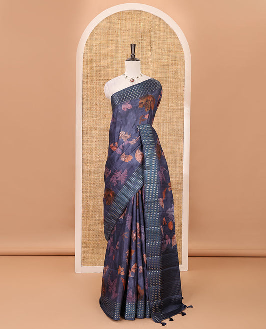 Grey leaf motifs eco-digital printed fancy tussar saree, zari border & pallu woven with dobby-style buttas