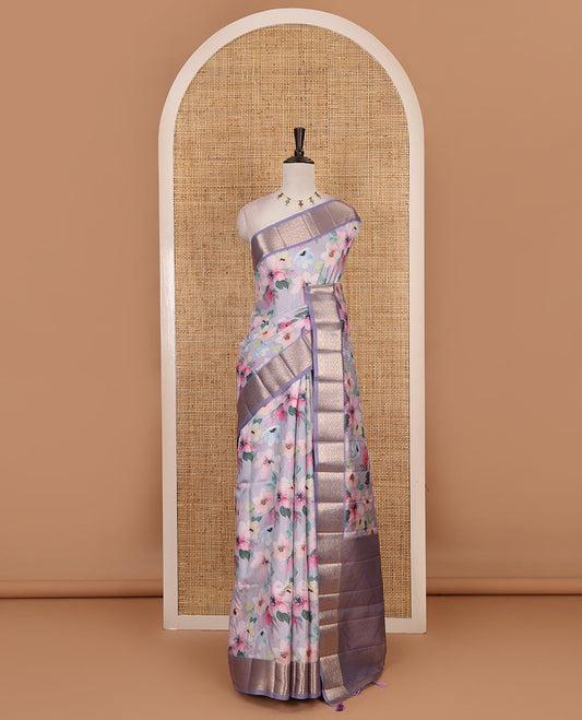 Lavender colorful unique shaped floral printed fancy tussar saree, contrast ogee patterned zari border, and intricate pallu