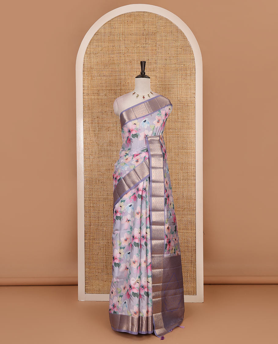 Lavender colorful unique shaped floral printed fancy tussar saree, contrast ogee patterned zari border, and intricate pallu
