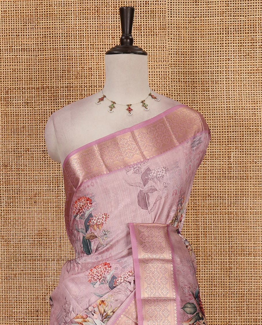 Light pink tropical floral printed fancy tussar saree, contrast traditional zari border, intricate zari woven pallu, and matching printed blouse