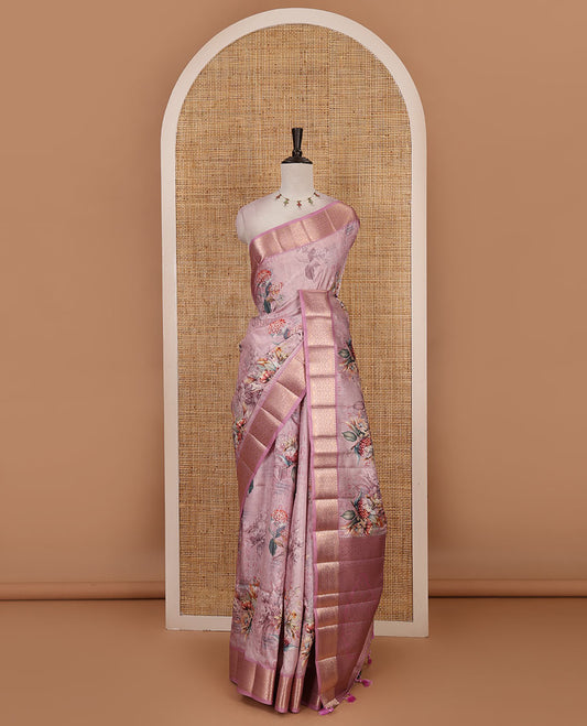 Light pink tropical floral printed fancy tussar saree, contrast traditional zari border, intricate zari woven pallu, and matching printed blouse