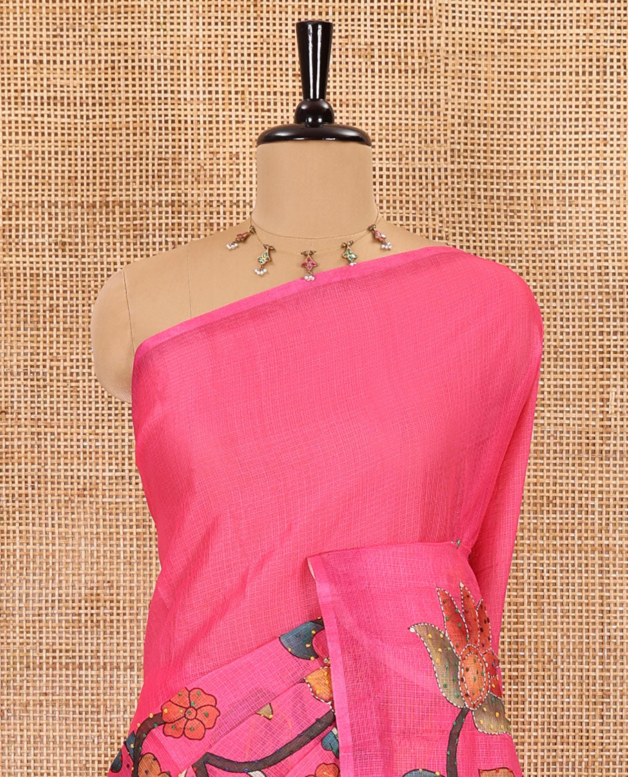 Borderless pink kalamkari floral vine printed with French knot and kanta embroidered kotta silk saree, printed and French knot embroidered matching blouse