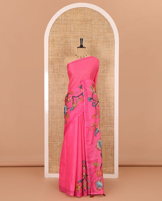 Borderless pink kalamkari floral vine printed with French knot and kanta embroidered kotta silk saree, printed and French knot embroidered matching blouse