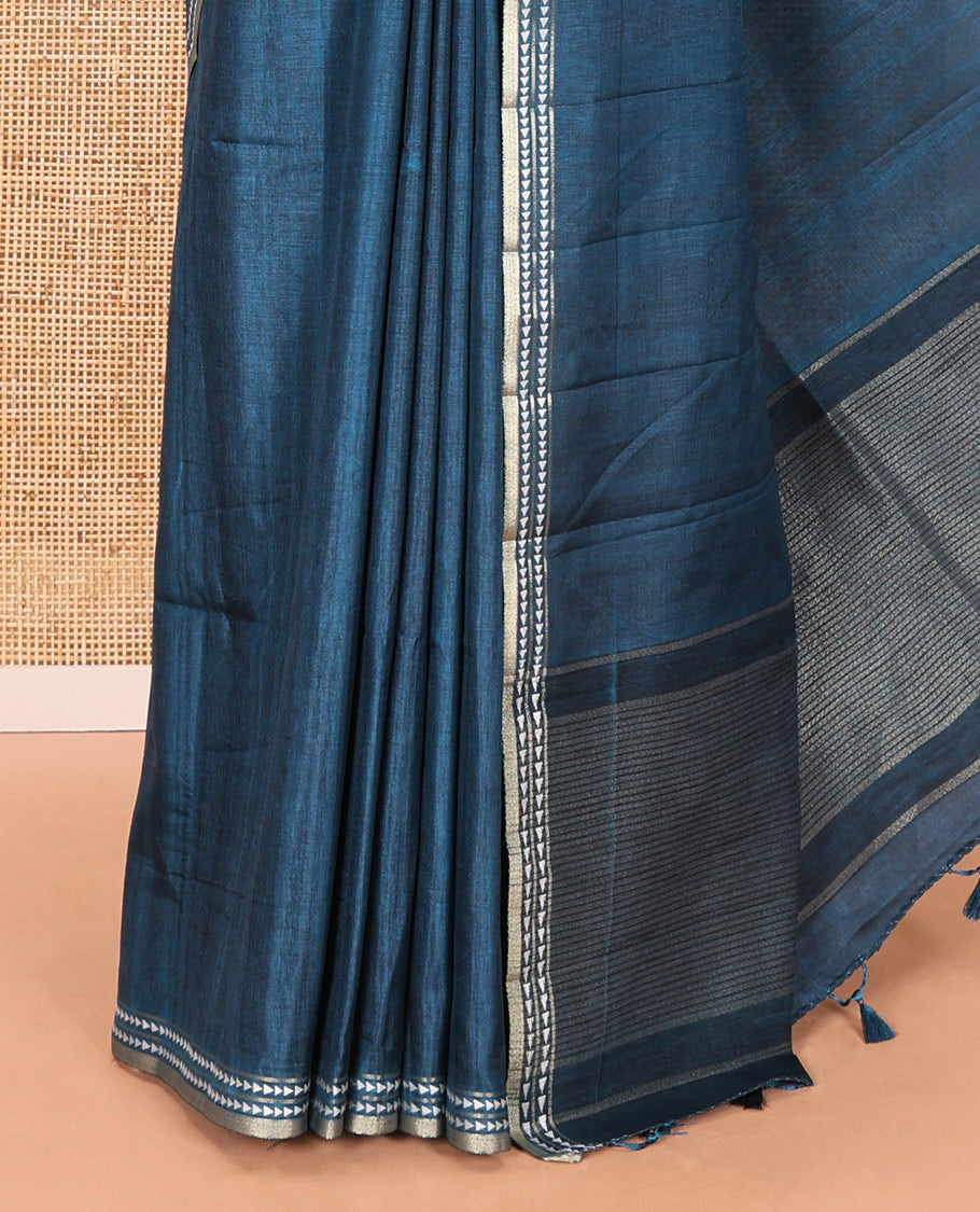Peacock blue plain fancy tussar saree, temple motifs woven thread border, striped pallu, and a matching blouse