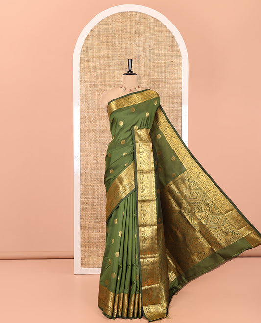 Mehendi Green Art Silk Saree Features Chakra Buttas, a Zari Elephant-Peacock Border, Grand Pallu, Matching Blouse