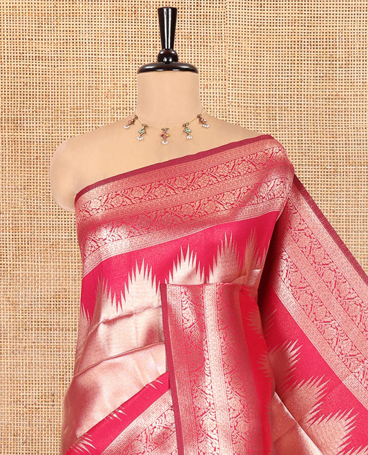 Dark Pink Litchi Saree Features Tissue-Zari Weave, a Temple Kodi Visiry Border, Grand Pallu and a Matching Blouse