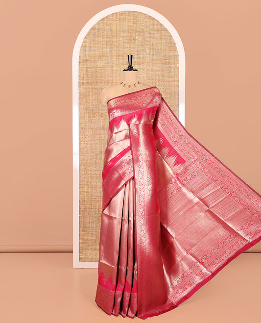 Dark Pink Litchi Saree Features Tissue-Zari Weave, a Temple Kodi Visiry Border, Grand Pallu and a Matching Blouse