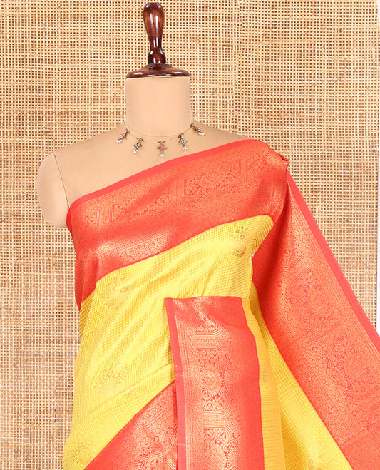 Yellow Litchi Saree, Crafted with Zari Buttas and Checks, Contrast Traditional Zari Border, Intricate Pallu, and a Contrast Blouse