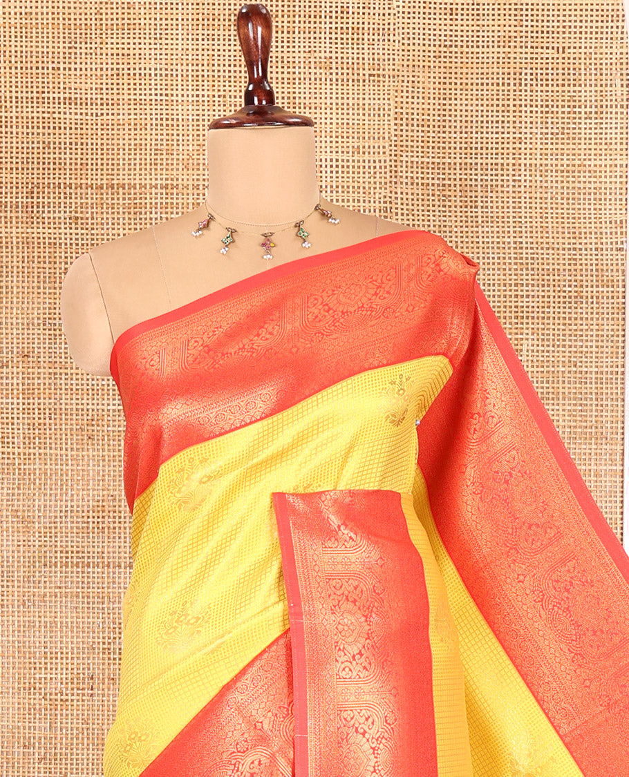 Yellow Litchi Saree, Crafted with Zari Buttas and Checks, Complemented by a Contrast Traditional Zari Border, Intricate Pallu, and a Contrast Blouse