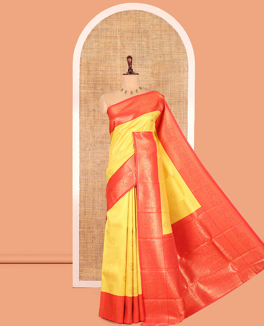 Yellow Litchi Saree, Crafted with Zari Buttas and Checks, Contrast Traditional Zari Border, Intricate Pallu, and a Contrast Blouse