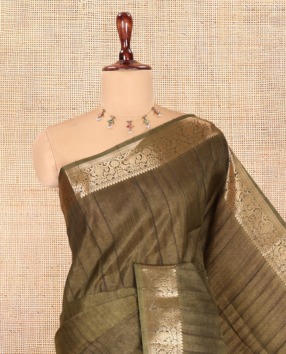 Olive Green Fancy Tussar Saree, Floral-Paisley Border, Grand Pallu, a Contrast Printed Blouse, Matching Brocade Blouse