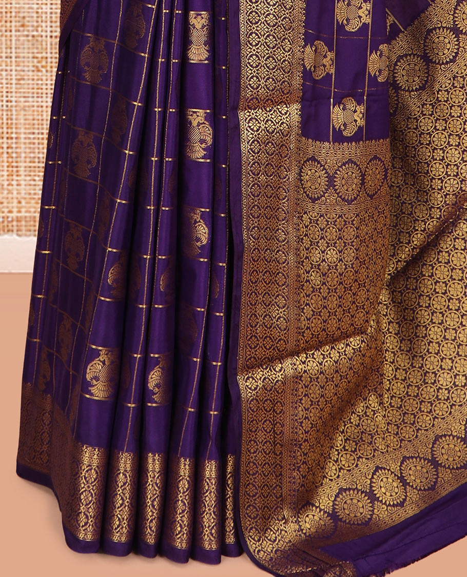 Purple Mysore Silk Saree Features Iruthalai Pakshi Buttas Enclosed Checks, a Traditional Border, Matching Blouse
