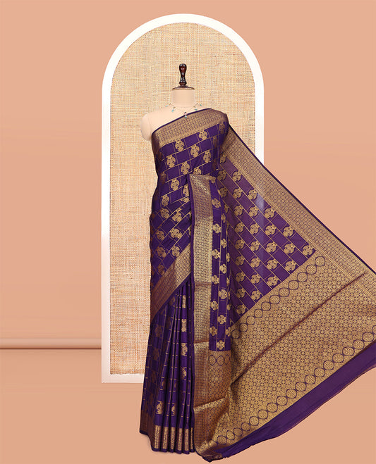 Purple Mysore Silk Saree Features Iruthalai Pakshi Buttas Enclosed Checks, a Traditional Border, Matching Blouse