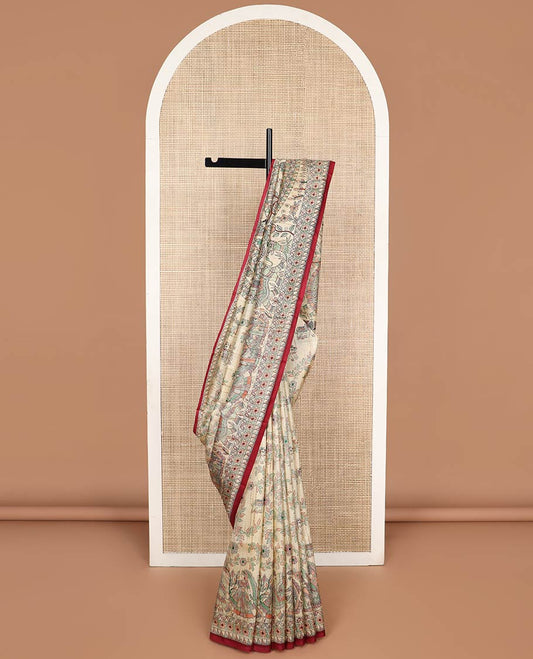 Cream madhubani style printed silk saree with contrast border