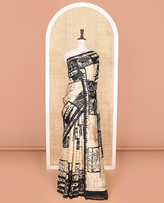 Sandal and black village-theme flora-fauna, and human motifs printed saree, temple border, and printed pallu