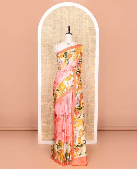 Pink modern art-style aesthetically printed saree, printed border, and a printed pallu