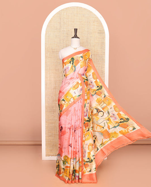 Pink modern art-style aesthetically printed saree, printed border, and a printed pallu
