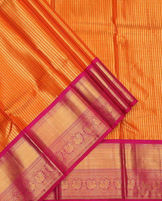 Orange Pure Silk Half-Saree, Steeped in Richness of Zari Stripes on Its Skirt, Complemented by a Contrast Border of Rekku, Muthu, Kathir, Diamond, and Mayil Designs, Comes with a Contrast Jacquard Blouse and a Dhavani of Intricate Designs